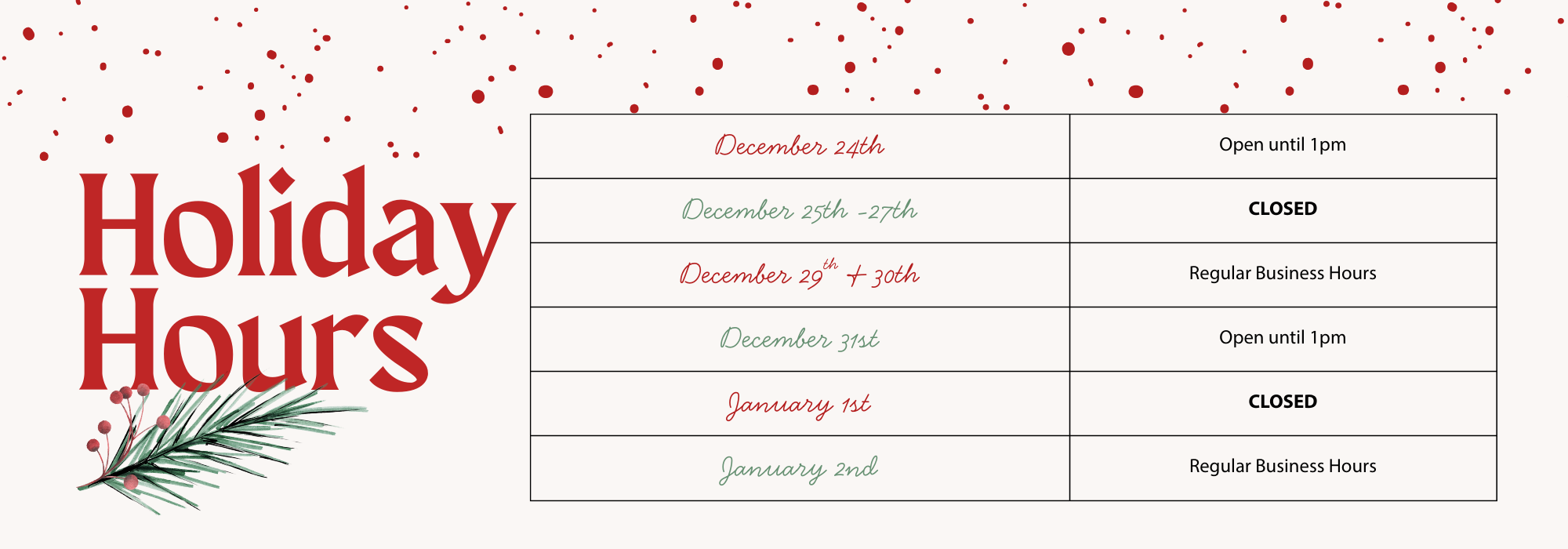 Holiday Hours 2025 (WEB - Member News)
