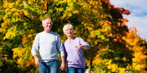 Seniors couple walking